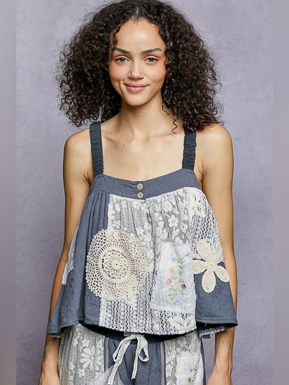 POL“Dream Patch Set“Crochet Blue Patchwork Matching Set, Pants&Tank Sz Small - Picture 13 of 16